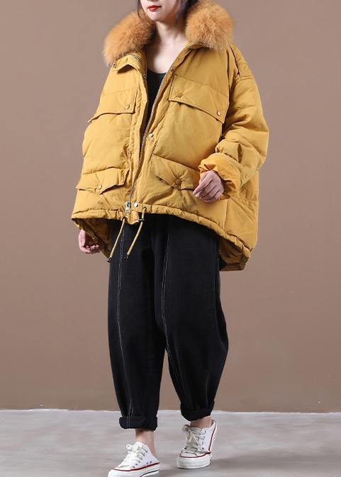 Down Jacket Coats Yellow Faux Fur Collar Drawstring Duck Down Coat