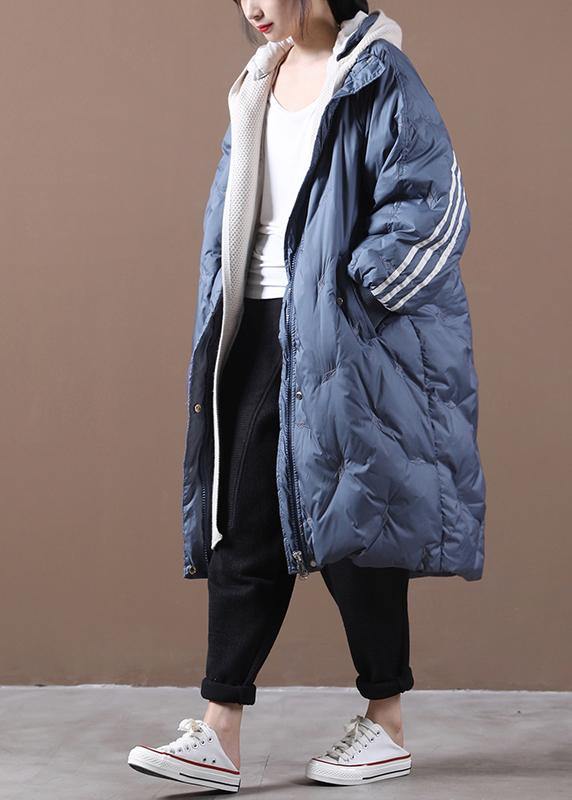 Snow Jackets Coats Blue Striped Hooded Zippered Goose Down Coat