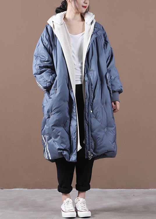 Snow Jackets Coats Blue Striped Hooded Zippered Goose Down Coat