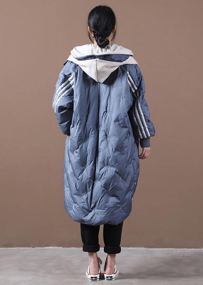 Snow Jackets Coats Blue Striped Hooded Zippered Goose Down Coat