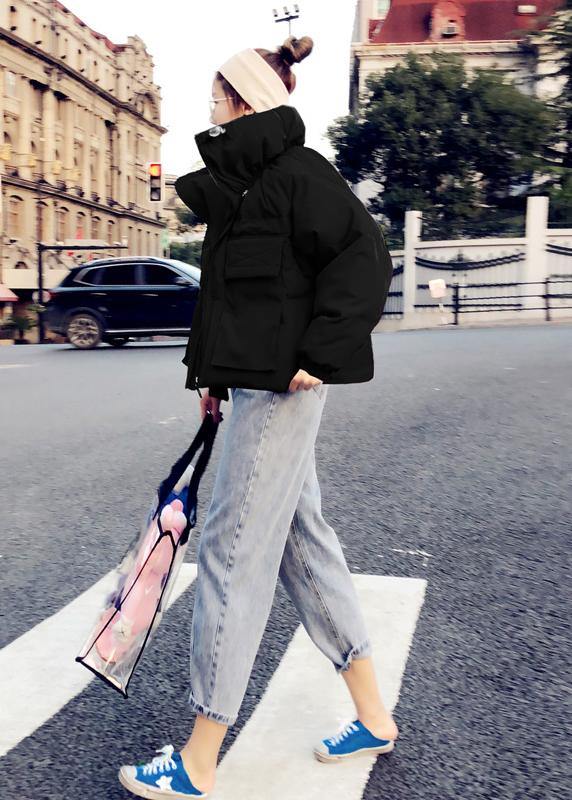Winter Jacket Overcoat Black Stand Collar Large Pockets Goose Down Coat