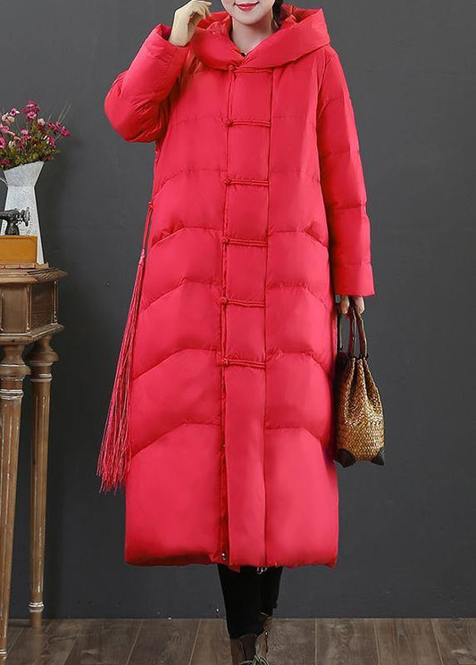 Red Down Jacket Woman Down Jacket Hooded Zippered Fine Overcoat