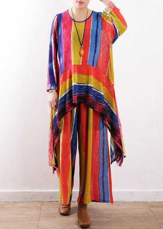 Spring Patchwork Color Striped Two Pieces Asymmetric Hem Tops and Elastic Waist Wide Leg Pants