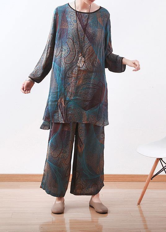 Spring New Two Pieces Blue Print Literary Retro Thin Section Chiffon Wide-leg Pants