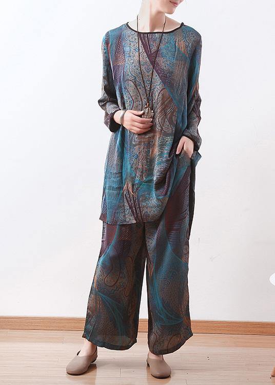 Spring New Two Pieces Blue Print Literary Retro Thin Section Chiffon Wide-leg Pants