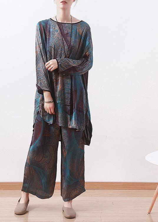 2025 spring new two pieces blue print literary retro thin section chiffon wide-leg pants