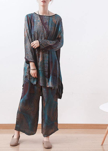 2025 spring new two pieces blue print literary retro thin section chiffon wide-leg pants