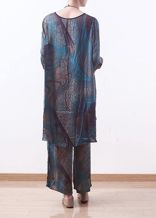 Spring New Two Pieces Blue Print Literary Retro Thin Section Chiffon Wide-leg Pants