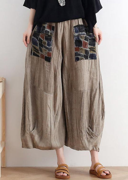 Summer Original Design Linen Nude Patch Retro Wide-leg Pants
