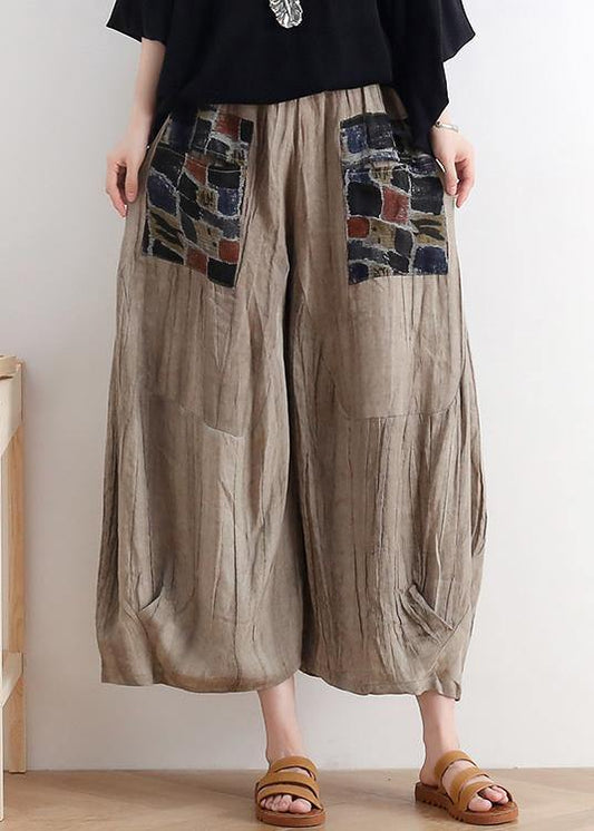 Summer Original Design Linen Nude Patch Retro Wide-leg Pants