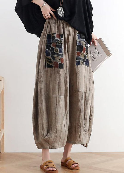 Summer Original Design Linen Nude Patch Retro Wide-leg Pants