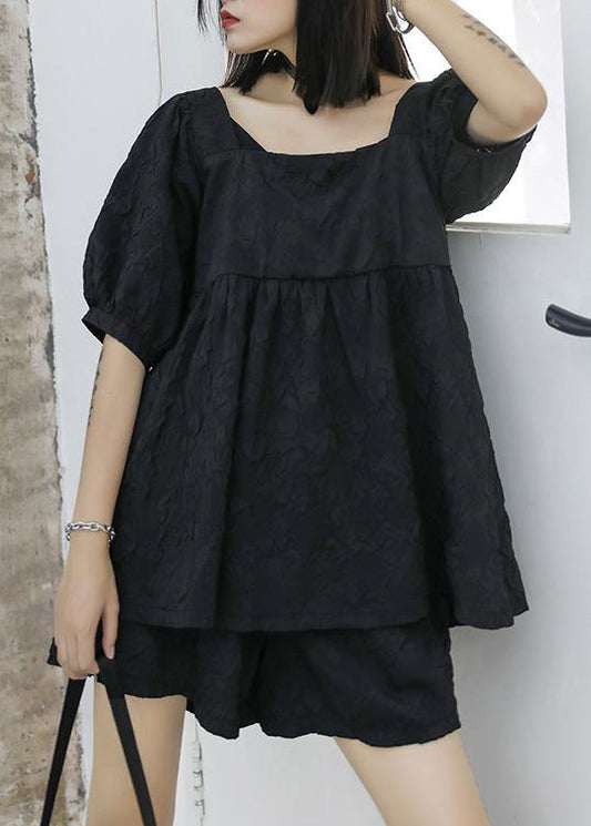 Summer Western Style Bubble Sleeve Black Top and Shorts Two-pieces