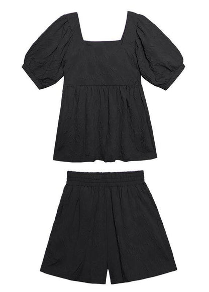 Summer Western Style Bubble Sleeve Black Top and Shorts Two-pieces
