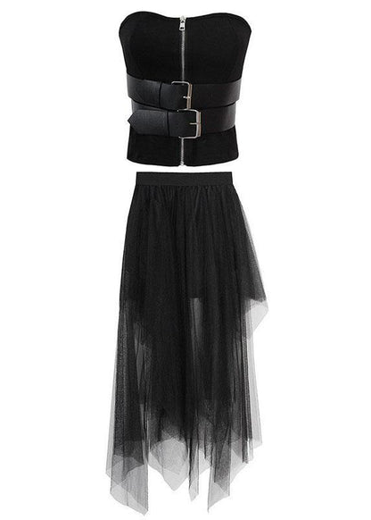 Black Breast Wrapping + Tulle Asymmetrical Design Skirt Two Piece Set