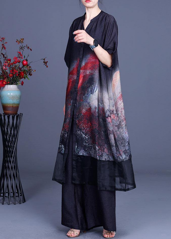 Black Print Cardigan + Wide Leg Pants Two Piece Set