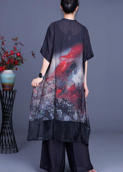 Black Print Cardigan + Wide Leg Pants Two Piece Set