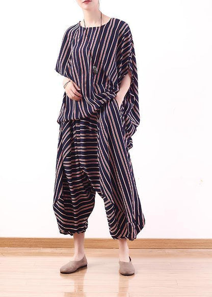 New Stripe Loose Size Bat Sleeve Top Lantern Pants Set in Summer