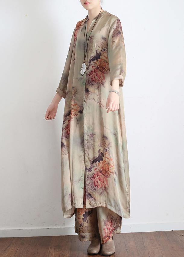 Spring Loose Print Silk Satin Split Long Sleeve Shirt + Wide Leg Pants