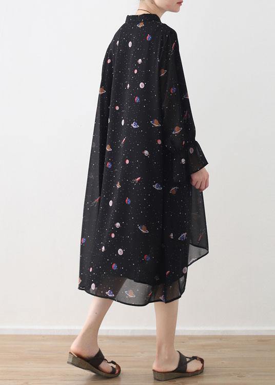 Spring Summer Black Chiffon Flared Sleeve Dress