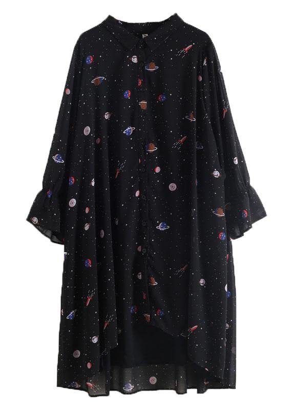Spring Summer Black Chiffon Flared Sleeve Dress
