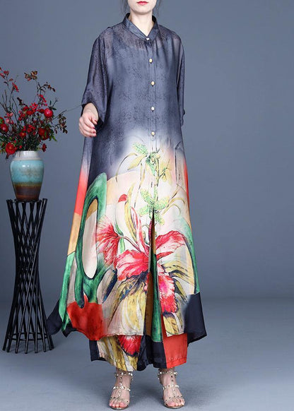 Summer Black Large Loose Print Tencel Long Shirt + Two Piece Wide Leg Pants Set