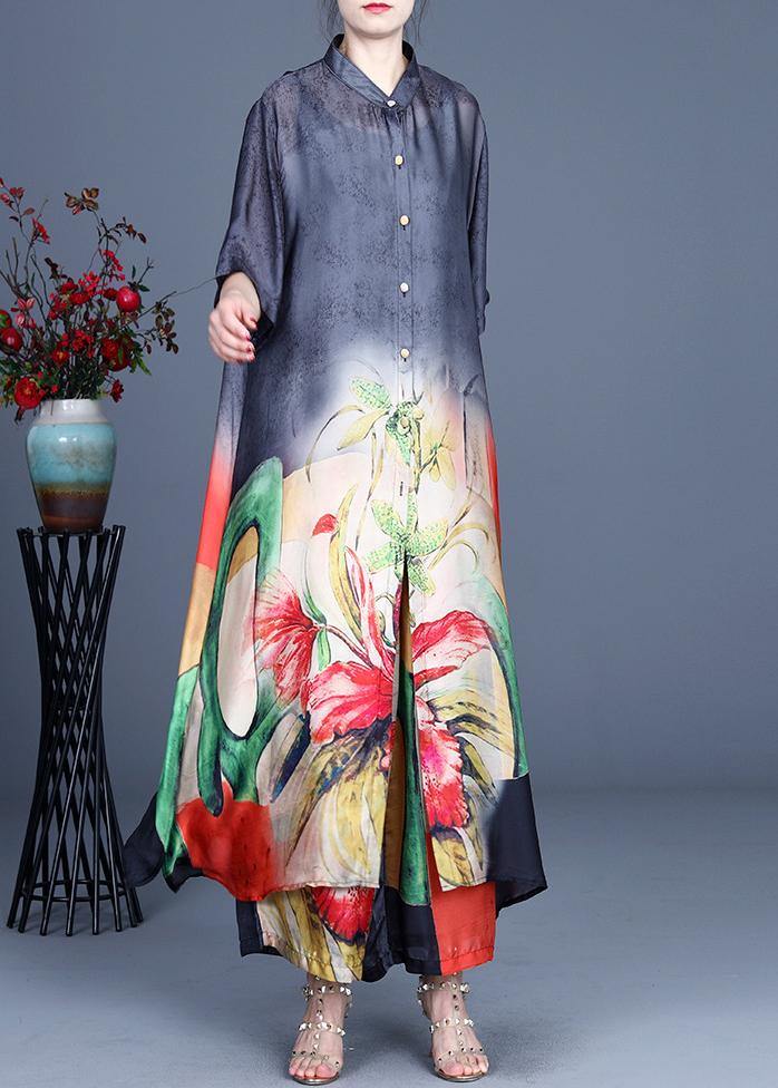 Summer Black Large Loose Print Tencel Long Shirt + Two Piece Wide Leg Pants Set