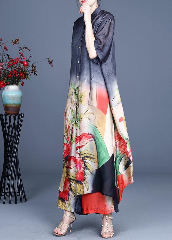 Summer Black Large Loose Print Tencel Long Shirt + Two Piece Wide Leg Pants Set