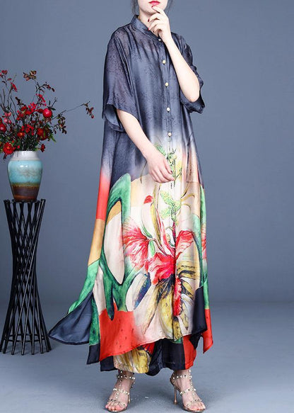 Summer Black Large Loose Print Tencel Long Shirt + Two Piece Wide Leg Pants Set