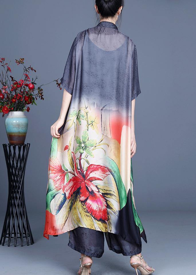 Summer Black Large Loose Print Tencel Long Shirt + Two Piece Wide Leg Pants Set