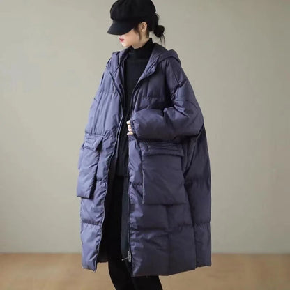 Green Hooded Zippered Pockets Winter Down Coat Long Sleeve