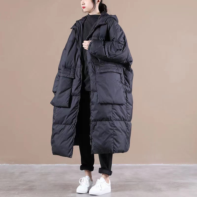Green Hooded Zippered Pockets Winter Down Coat Long Sleeve