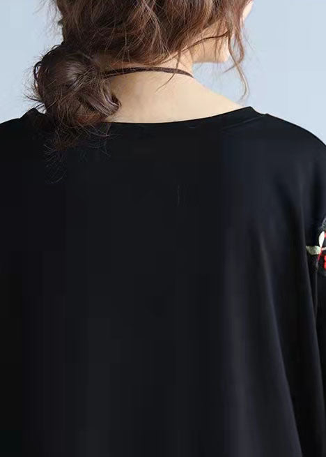 Unique Stylish Black Embroidery Cotton Pullover Appliques Short Sleeve Mid Tops