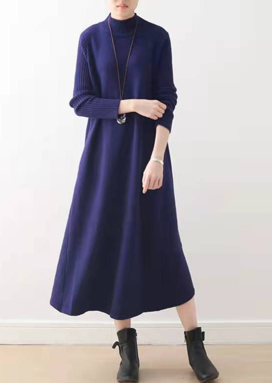 Winter Blue Long Maxi Dresses Cotton Winter Dresses Warm Woolen Dress