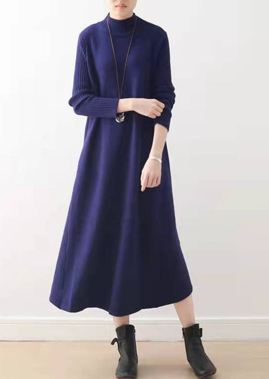 Winter Blue Long Maxi Dresses Cotton Winter Dresses Warm Woolen Dress