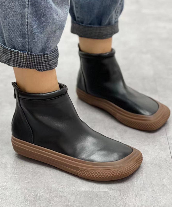 Chocolate Zippered Boots Cowhide Leather Ankle Boots