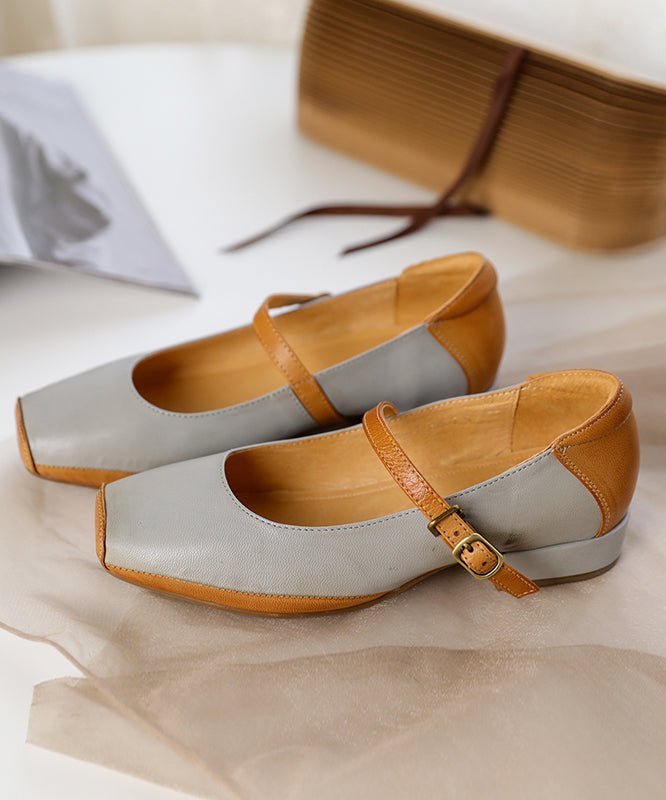 Buckle Strap Flat Shoes for Grey Comfy Cowhide Leather