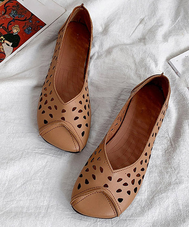 Brown Cowhide Flat Feet Shoes Hollow Out Flat Shoes