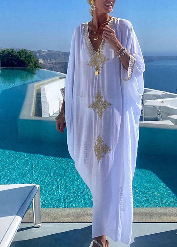 Gold Embroidered Kaftan Retro V Neck White Dress