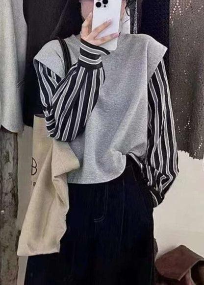 2025 New Grey Fake Two Piece Spliced Stripe Top Autumn