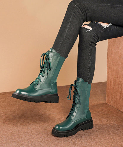Splicing Platform Boots Green Cowhide Leather Cross Strap