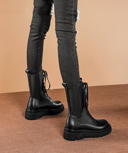 Splicing Platform Boots Green Cowhide Leather Cross Strap