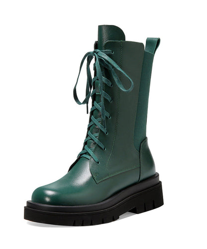Splicing Platform Boots Green Cowhide Leather Cross Strap