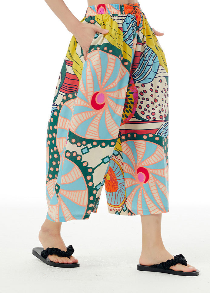 White Print Elastic Waist Cotton Crop Pants Summer