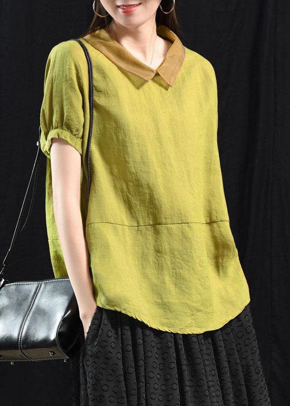 Mulberry Patchwork Turn-down Collar Summer Linen Shirt Top