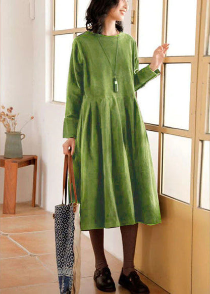 French Green Corduroy Dress Pockets Button Patchwork Fall Dresses