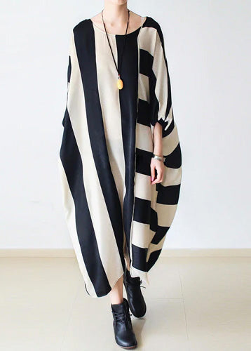Autumn Trend Stripe Baggy Dresses Silk Caftans Oversized Cotton Gown