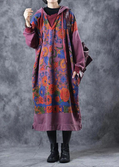 Loose Hoodie Print Long Fleece Dresses