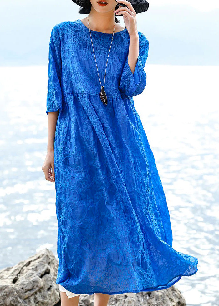 Blue Natural Silk Linen Dress Loose Fitting O Neck Silk Linen Clothing Dresses Three Quarter Sleeve Baggy Dresses