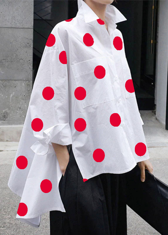 Natural Black Dot Peter Pan Collar Low High Design Button Pockets Cotton Shirts Long Sleeve