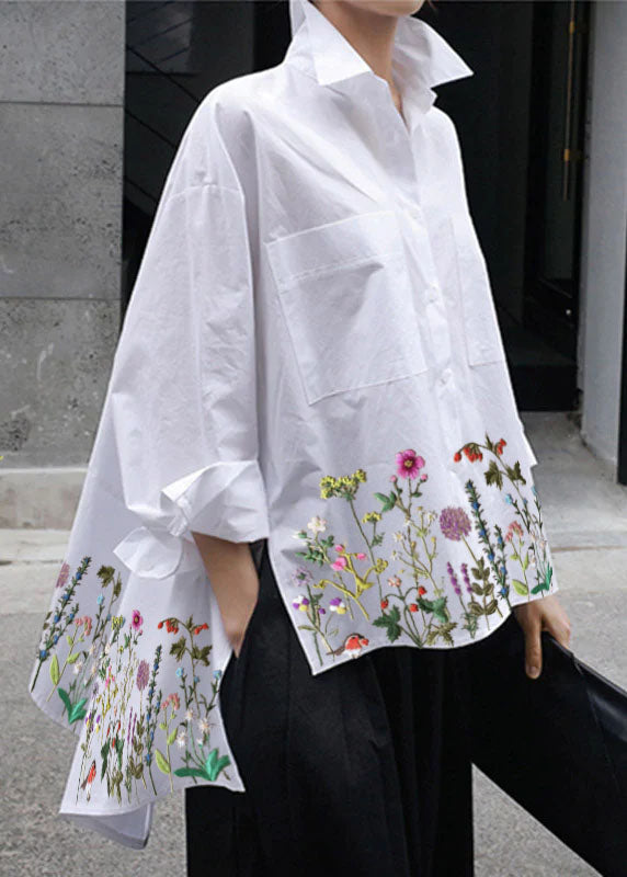 Natural White Peter Pan Collar Low High Design Button Pockets Cotton Shirts Long Sleeve
